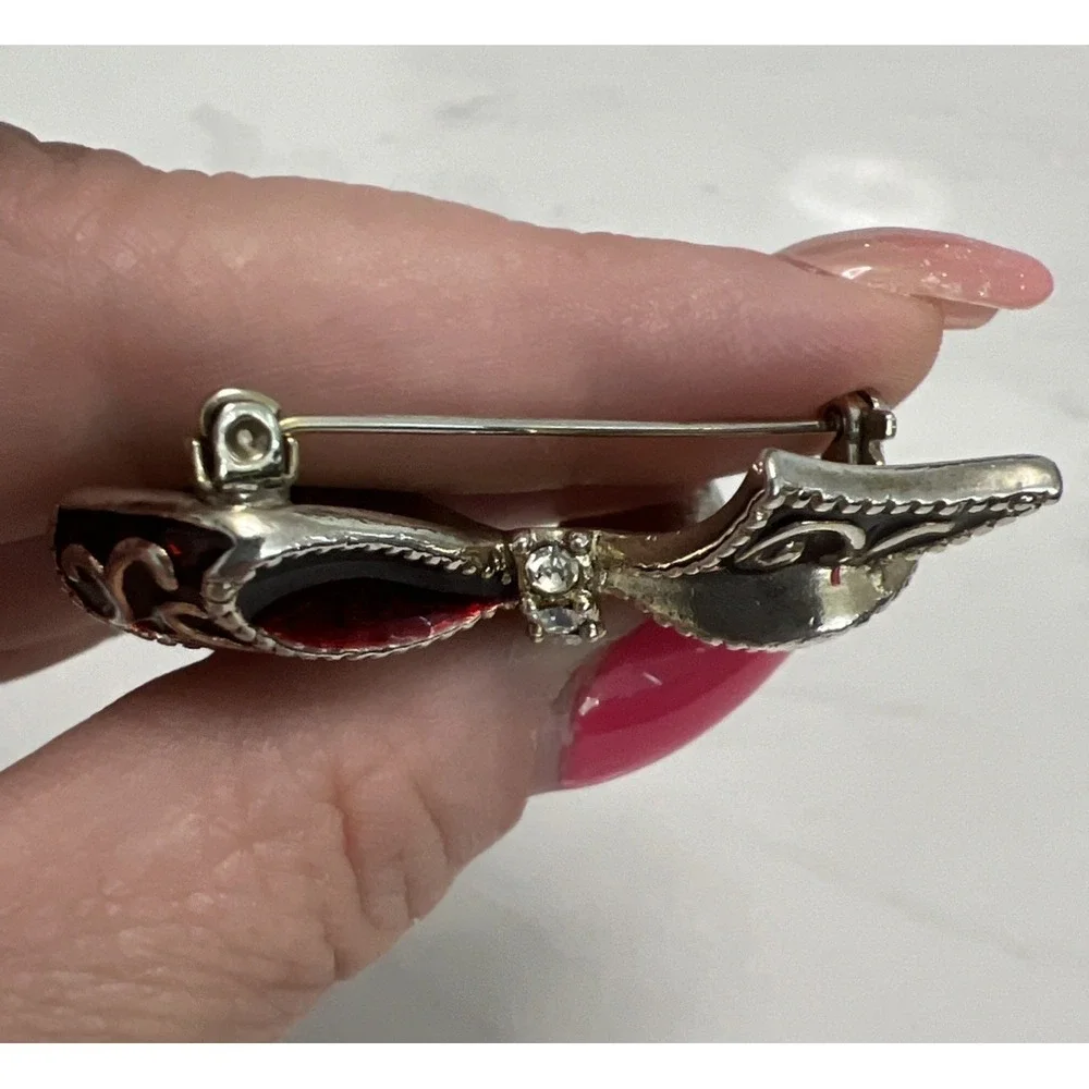 Vintage Monet‎ Bow Brooch Pin Red Enamel Rhinestone Silver Tone Signed